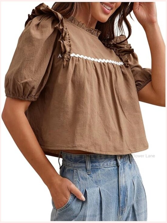 Tops - Puff Sleeve Crop Top Babydoll Mock Neck Ruffle Blouse Dressy Casual